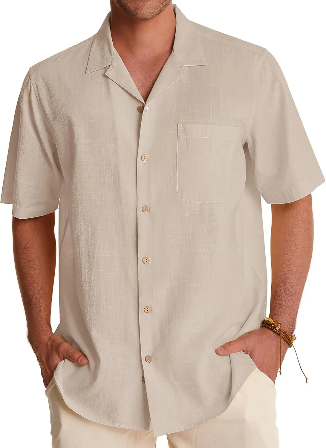 Alimens & Gentle Cuban Linen Shirts for Men Short Sleeve Button Down Shirt Cotton Summer Beach Camp Vacation Hawaiian Shirts