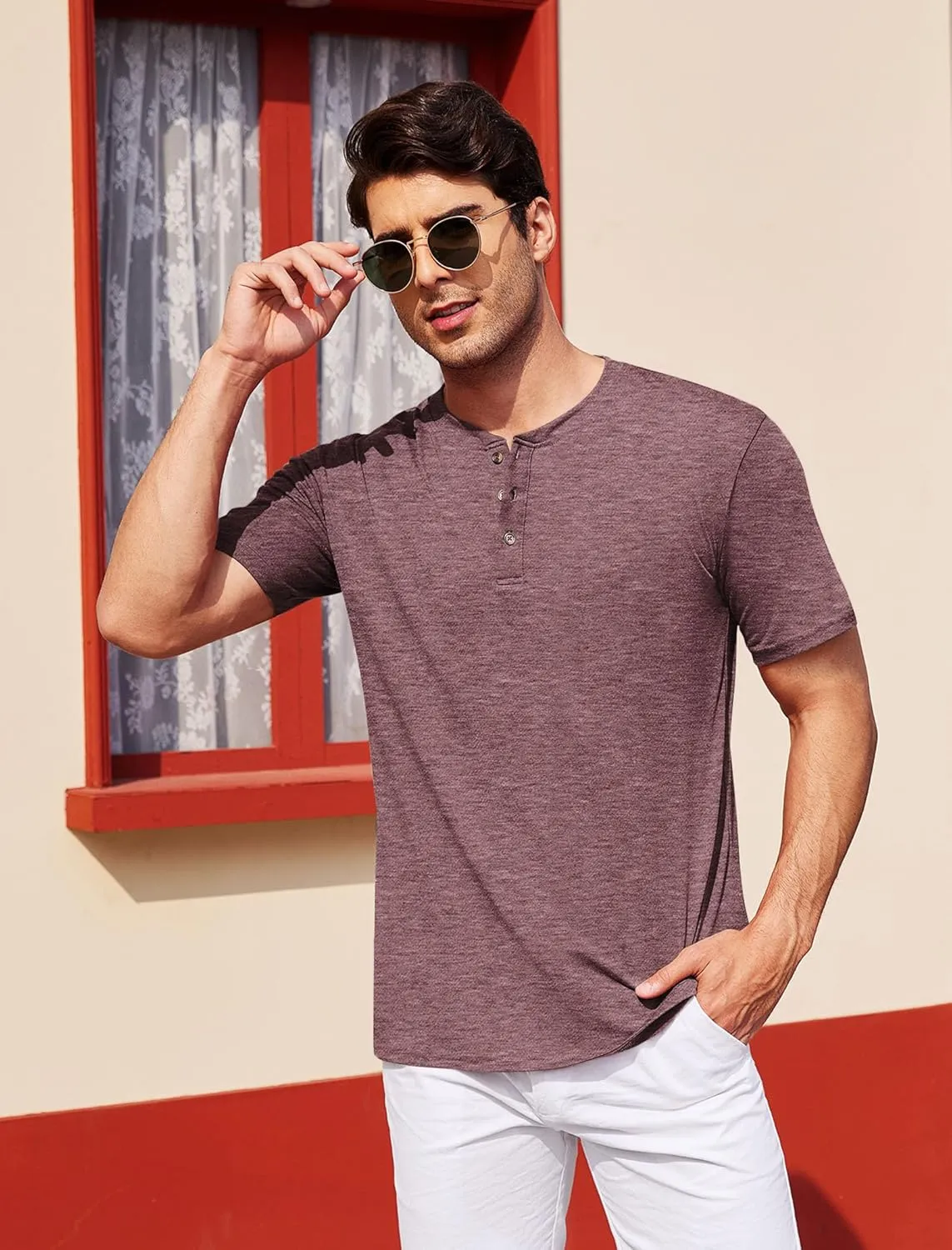 COOFANDY Men's Henley Shirts Short Sleeve Casual Basic Tee Summer Button Henley Soild T Shirts