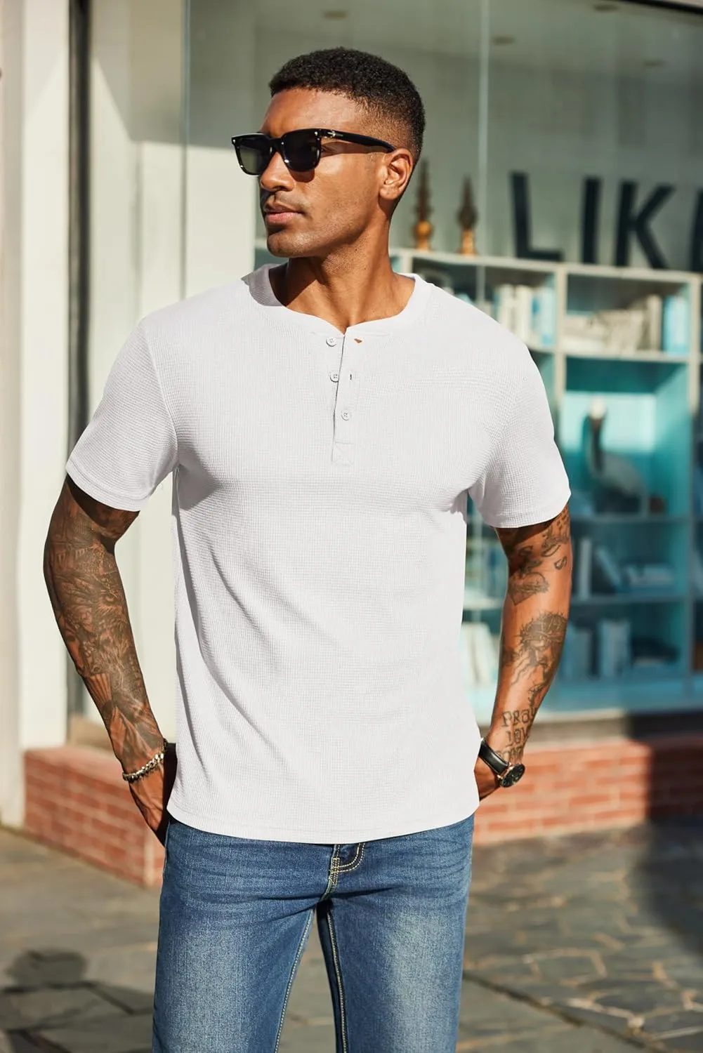 COOFANDY Men's Waffle Henley Short Sleeve Textured T Shirt Casual Button Tee Shirts Heavyweight Henley Summer Top