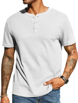 COOFANDY Men's Waffle Henley Short Sleeve Textured T Shirt Casual Button Tee Shirts Heavyweight Henley Summer Top