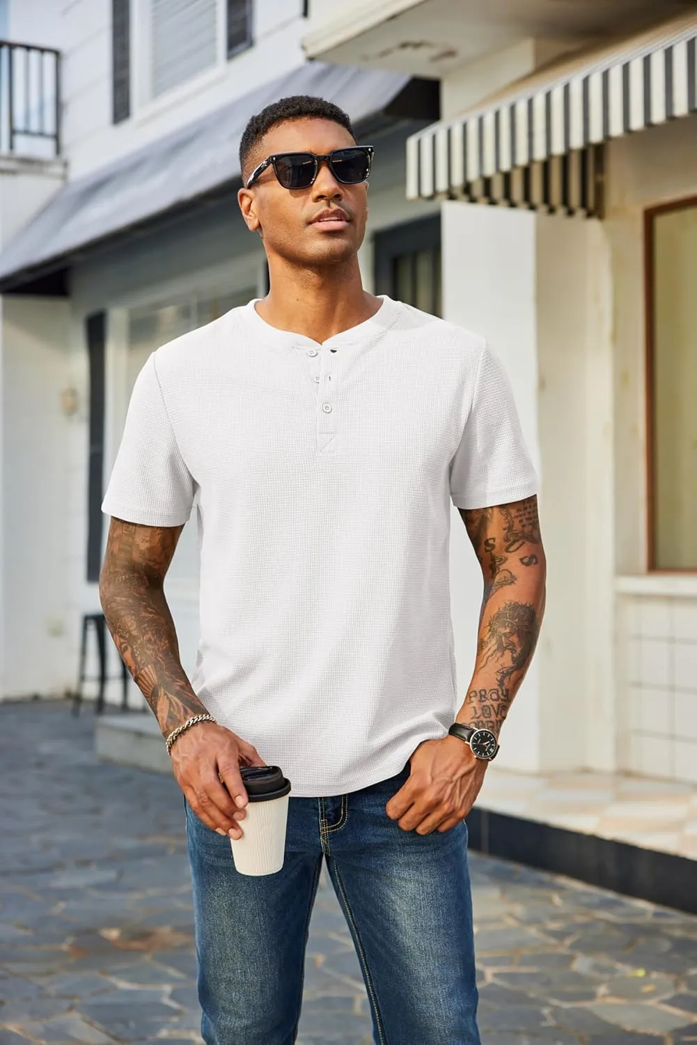 COOFANDY Men's Waffle Henley Short Sleeve Textured T Shirt Casual Button Tee Shirts Heavyweight Henley Summer Top