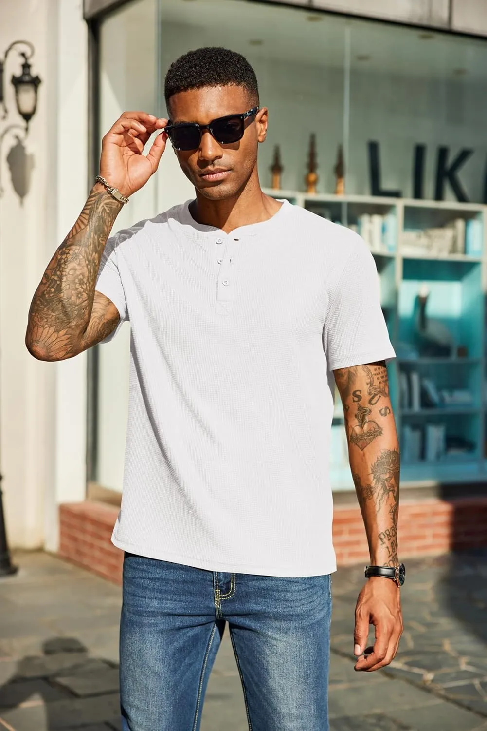 COOFANDY Men's Waffle Henley Short Sleeve Textured T Shirt Casual Button Tee Shirts Heavyweight Henley Summer Top