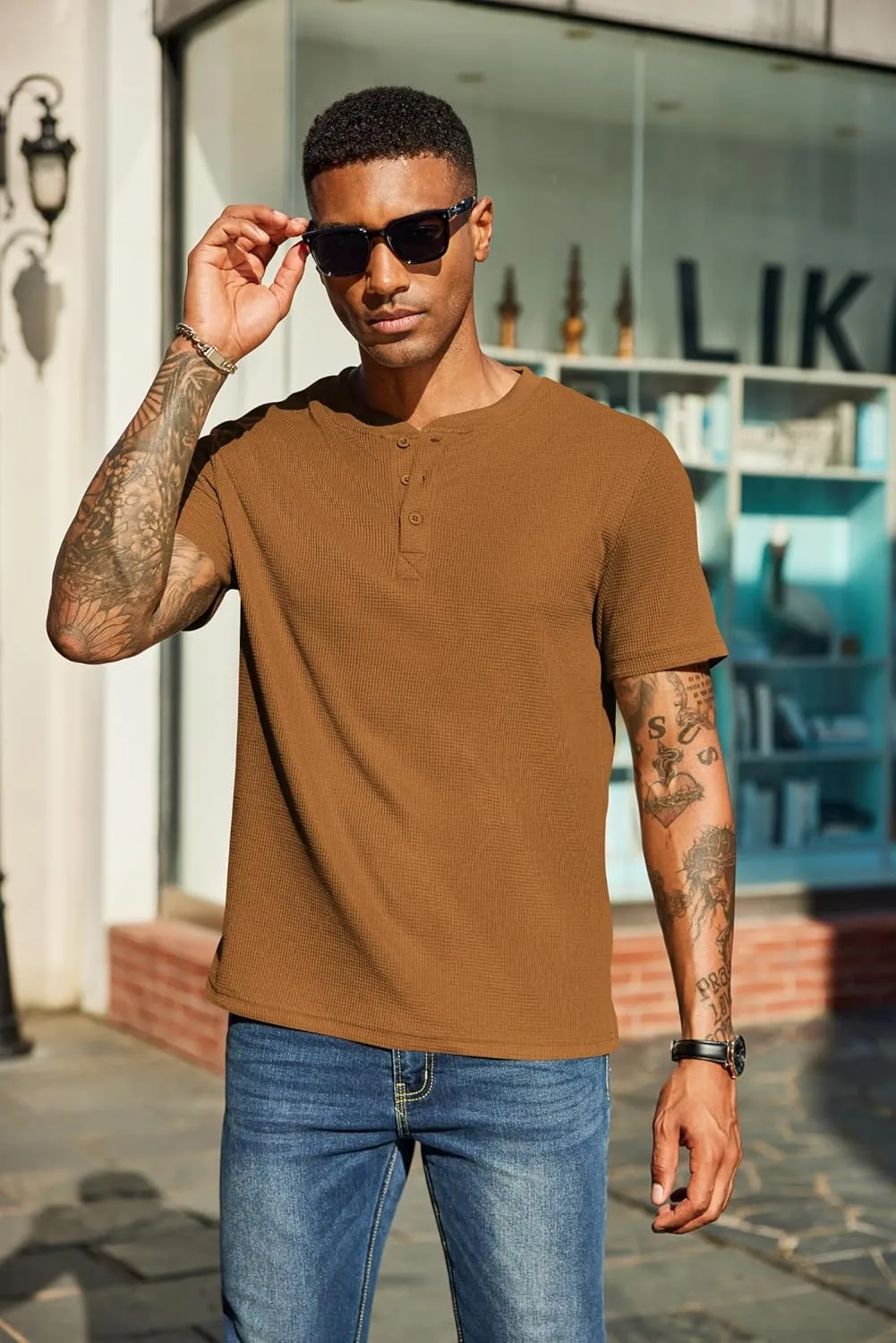 COOFANDY Men's Waffle Henley Short Sleeve Textured T Shirt Casual Button Tee Shirts Heavyweight Henley Summer Top