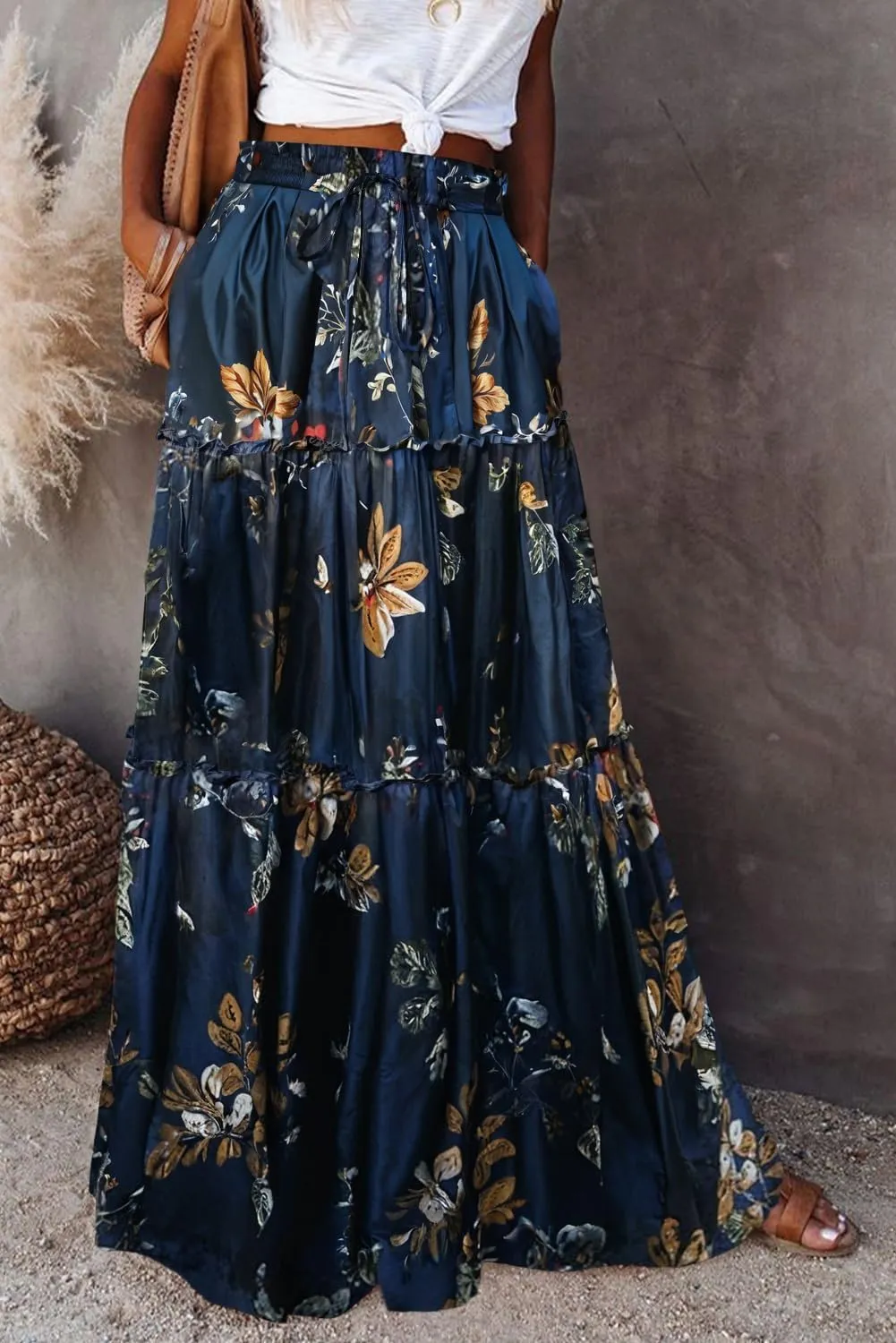 EARKOHA Womens Casual High Waist Tie Paisley Print Long Maxi Skirt with Pockets