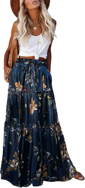 EARKOHA Womens Casual High Waist Tie Paisley Print Long Maxi Skirt with Pockets