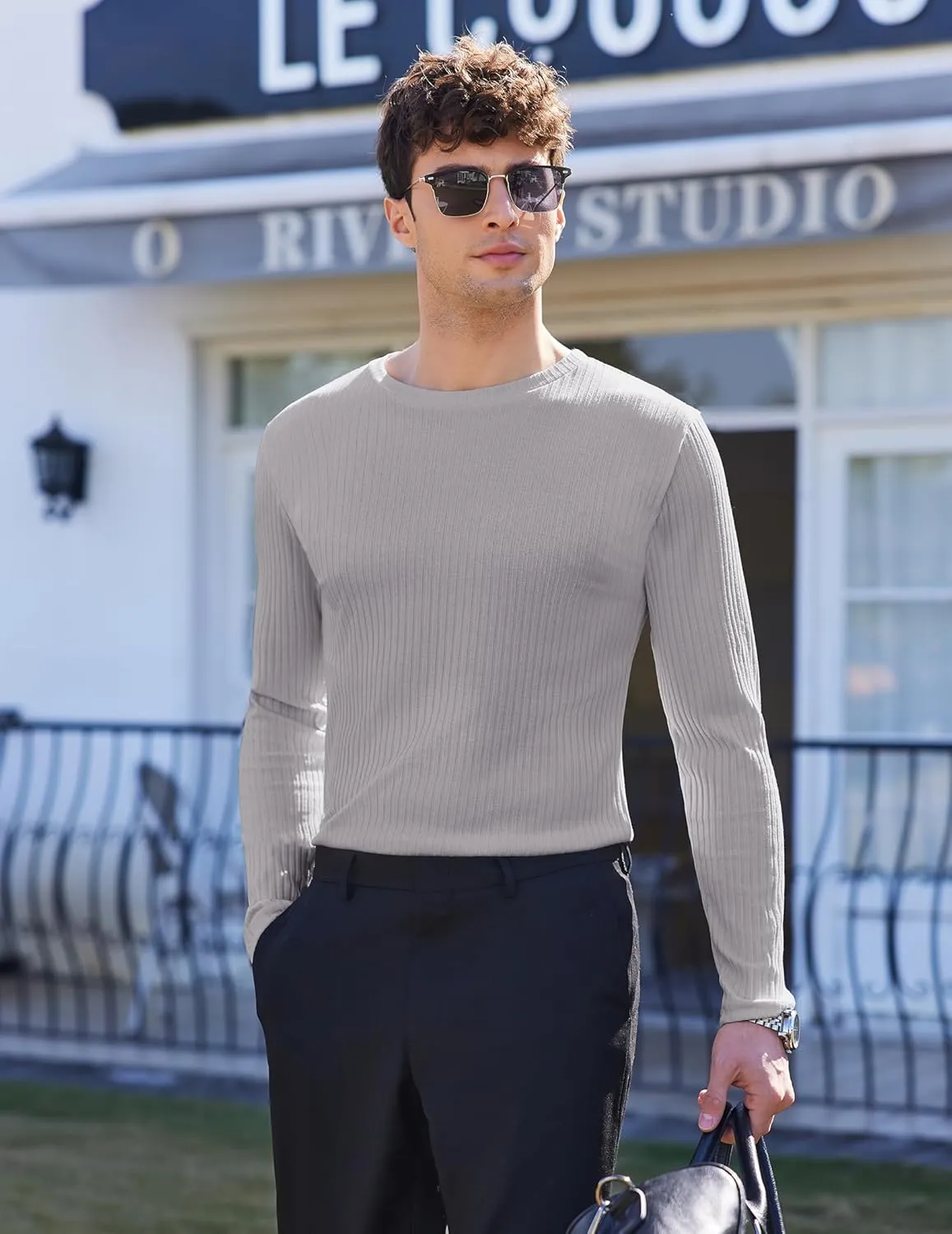 Ekouaer Men's Long Sleeve Shirts Ribbed Pullover Sweater Sim Fit Thermal Tops Crew Neck Stretchy Undershirts S-XXL