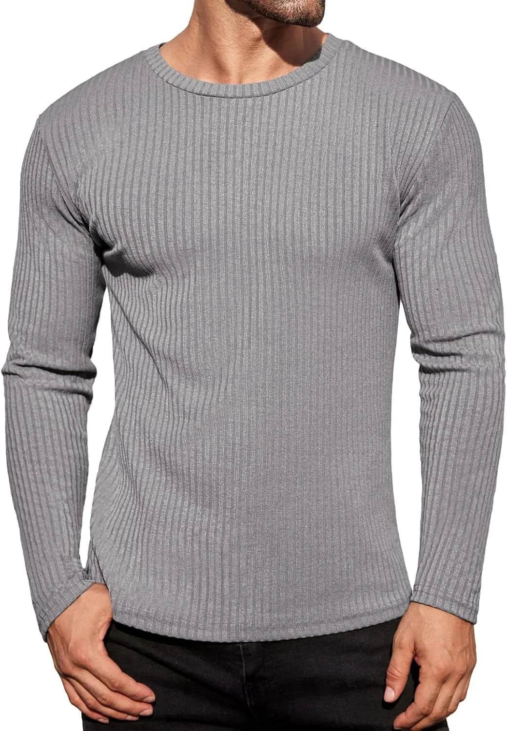 Ekouaer Men's Long Sleeve Shirts Ribbed Pullover Sweater Sim Fit Thermal Tops Crew Neck Stretchy Undershirts S-XXL