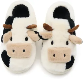 Fuzzy Cow Slippers for Women Men Adults, Fluffy Plush and Cozy Cotton House Slippers for Indoor Outdoor Bedroom, Warm Furry Cow Print Slipper for Winter Spring Fall