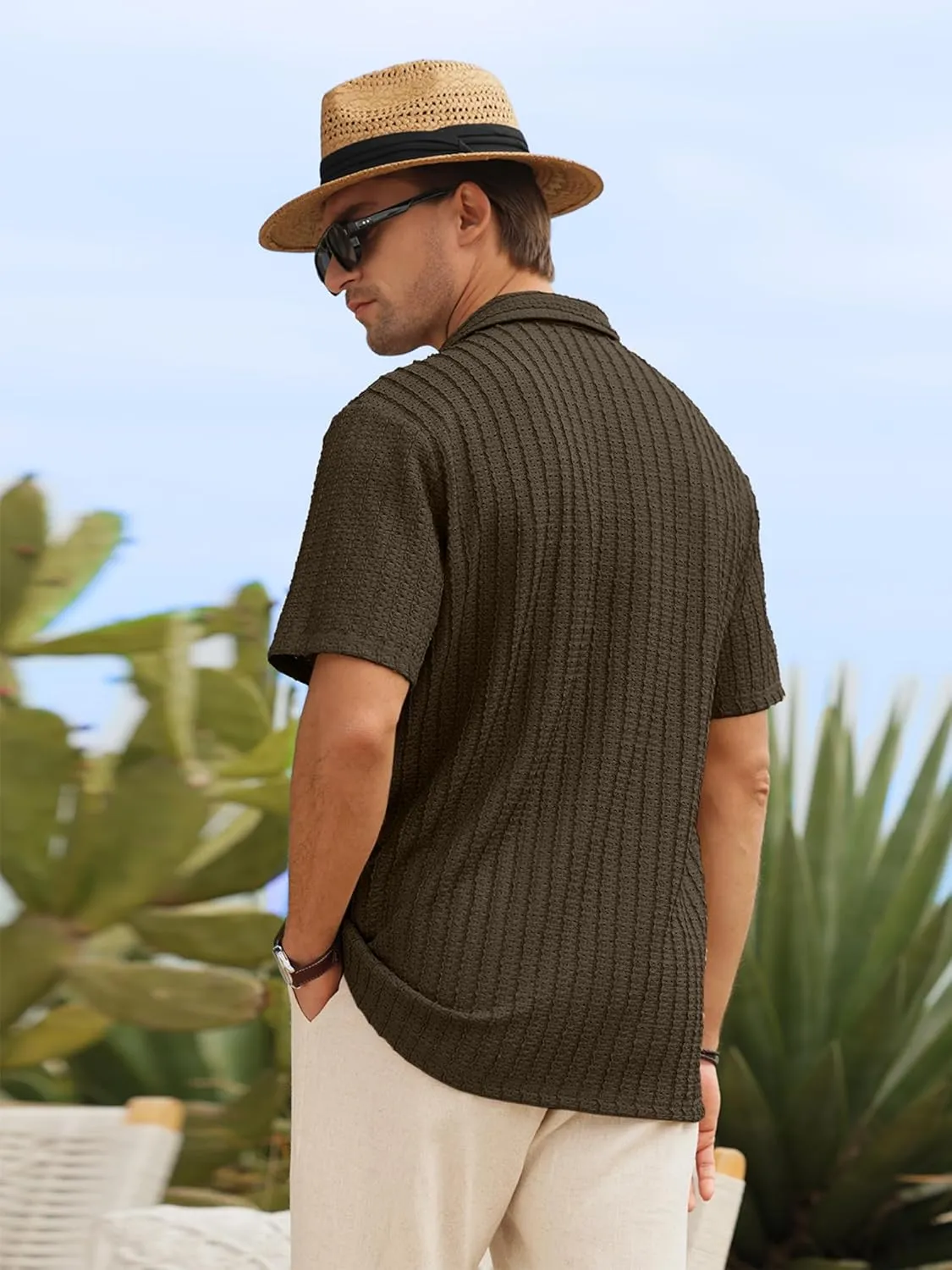 HOTake Men's Casual Summer Beach Shirts Button Down Short Sleeve Crochet Guayabera Shirts