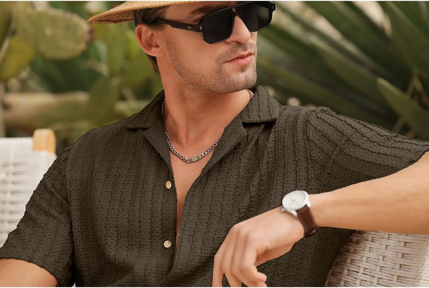 HOTake Men's Casual Summer Beach Shirts Button Down Short Sleeve Crochet Guayabera Shirts