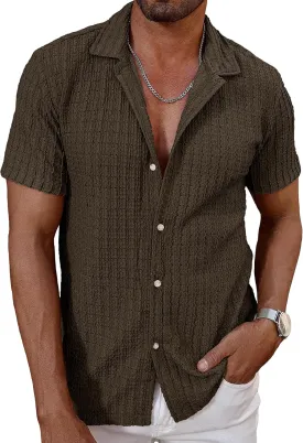 HOTake Men's Casual Summer Beach Shirts Button Down Short Sleeve Crochet Guayabera Shirts