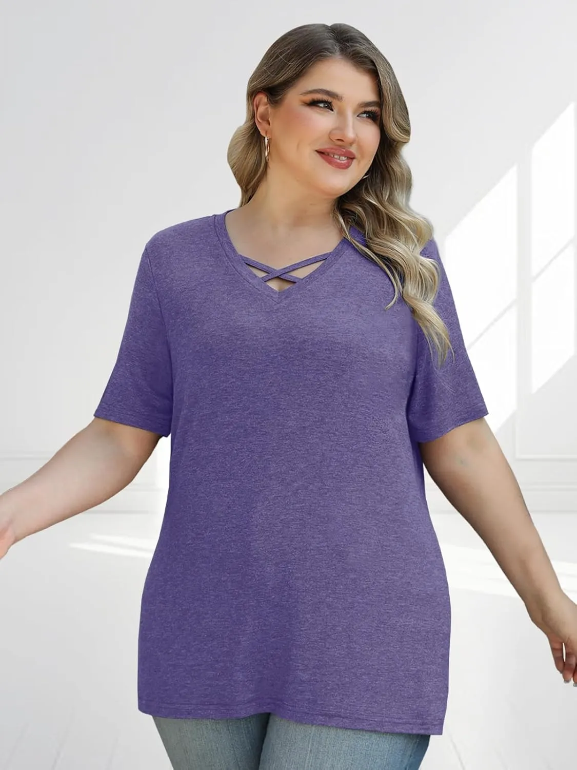 Plus Size Tops for Women Summer Trendy Criss Cross Shirts Oversized Casual Loose Fit Tunic Tops