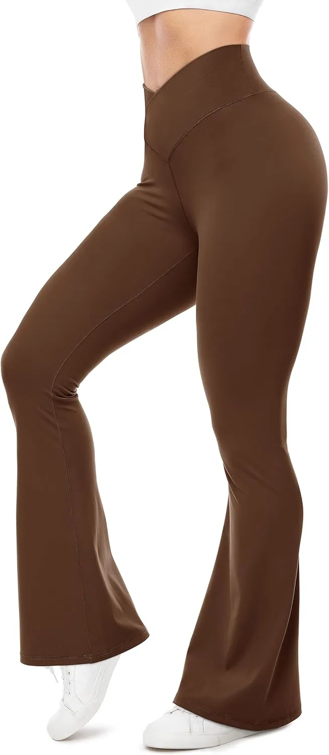 UEU Flare Leggings for Women with Tummy Control, V Crossover High Waisted Yoga Pants, Bootcut Wide Leg, 29-33" Inseam
