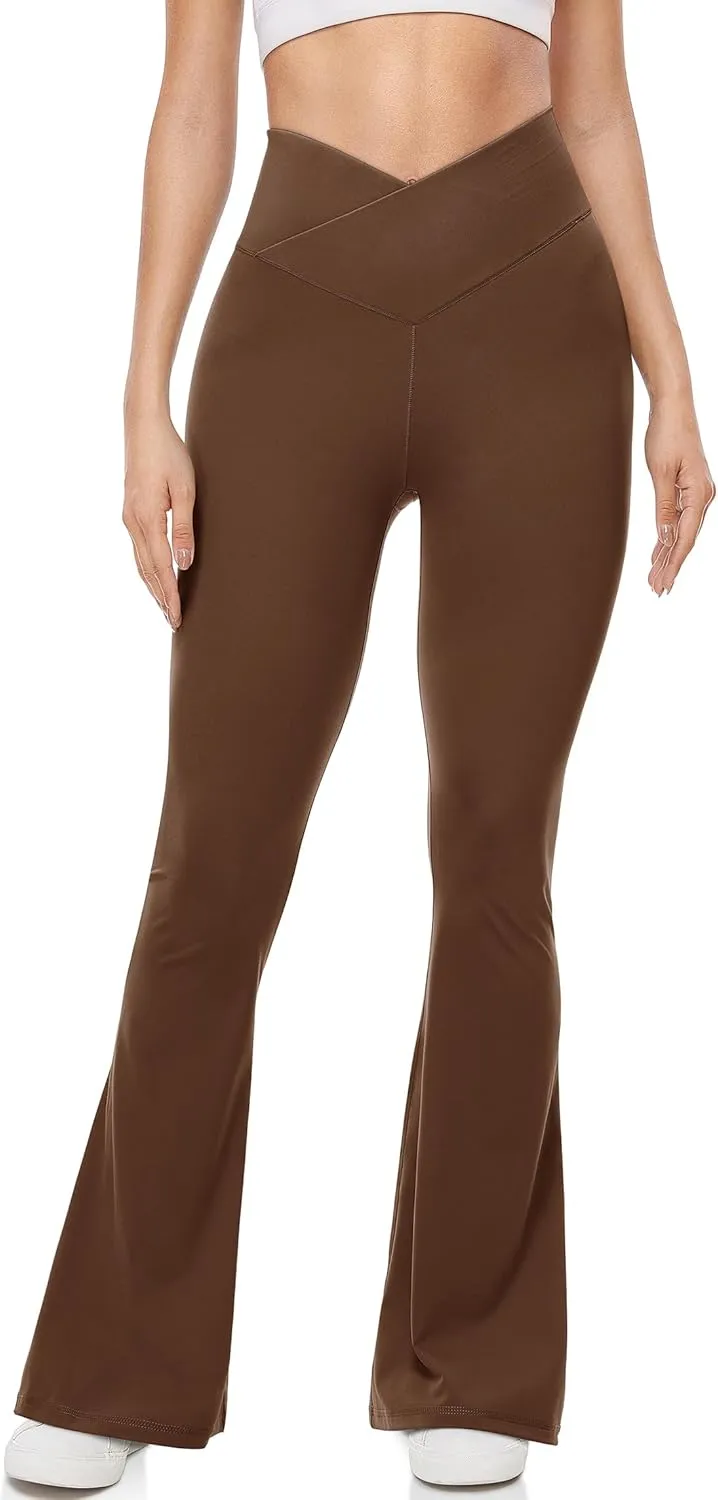 UEU Flare Leggings for Women with Tummy Control, V Crossover High Waisted Yoga Pants, Bootcut Wide Leg, 29-33" Inseam