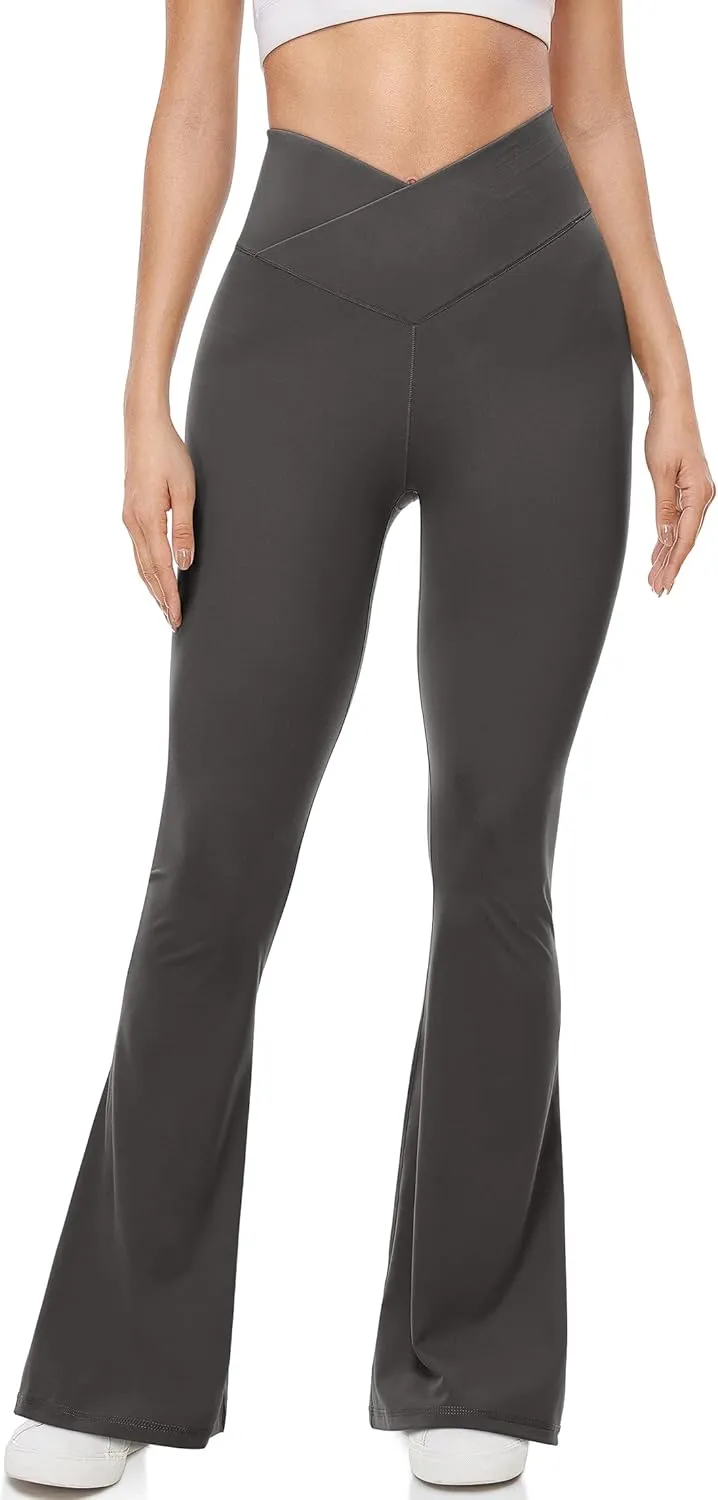 UEU Flare Leggings for Women with Tummy Control, V Crossover High Waisted Yoga Pants, Bootcut Wide Leg, 29-33" Inseam