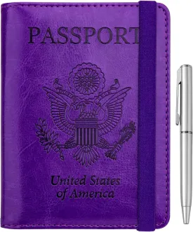 WALNEW Passport Holder for Travel, RFID Passport Cover Wallet for Women Men, PU Leather Passport Book Card Holder Case with Pen, Travelling Essentials for Flying